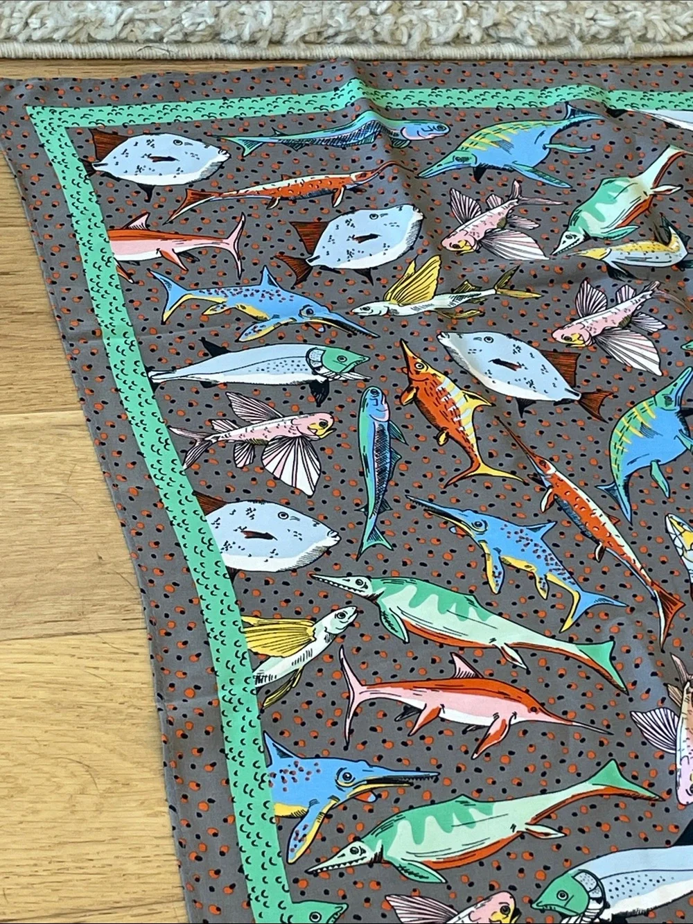 Bimba Y Lola Silk Scarf Multicolor Fish Ocean Coastal Green Trim Large Square